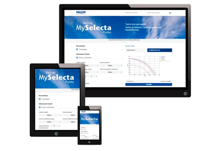 Vallox MySelecta Pureo programos ekranas